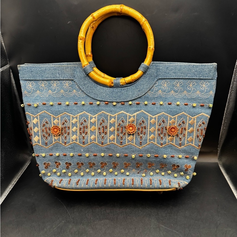 Beautiful Vintage Prezzo Blue Beaded Denim Handbag Bamboo Handles Retro Chic